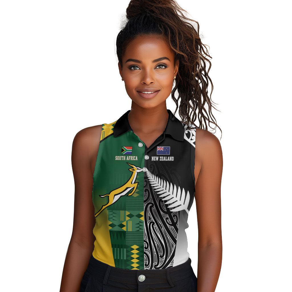 Custom Rugby South Africa New Zealand Greatest Rivals Women Sleeveless Polo Shirt Tribal Motifs