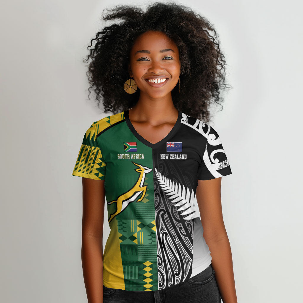 Custom Rugby South Africa New Zealand Greatest Rivals Women V-Neck T-Shirt Tribal Motifs