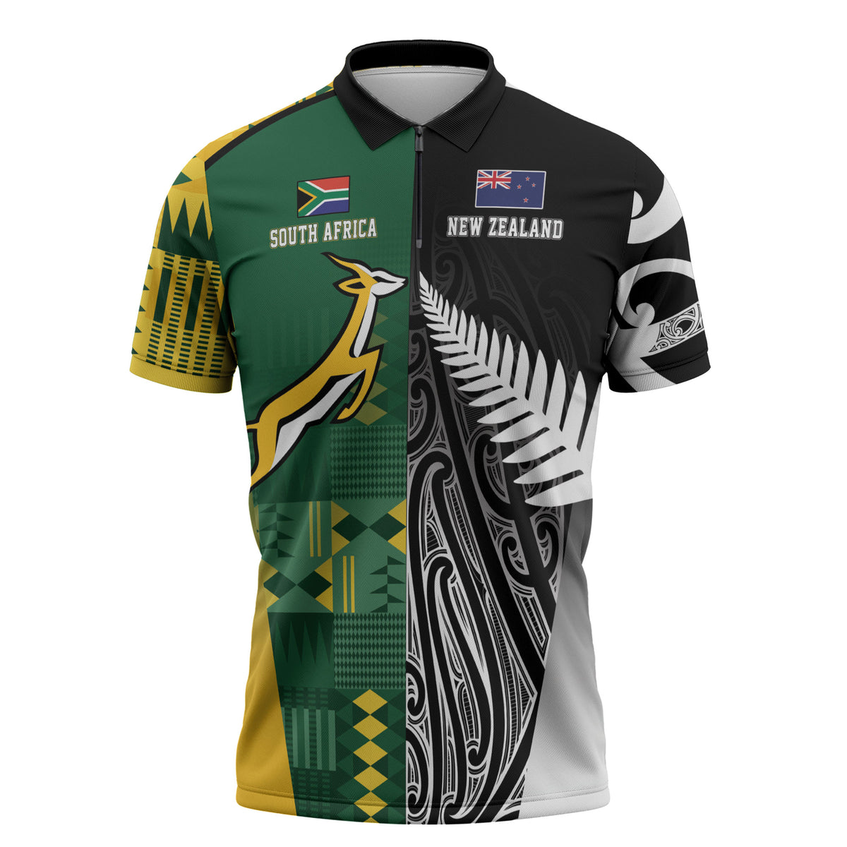 Custom Rugby South Africa New Zealand Greatest Rivals Zipper Polo Shirt Tribal Motifs