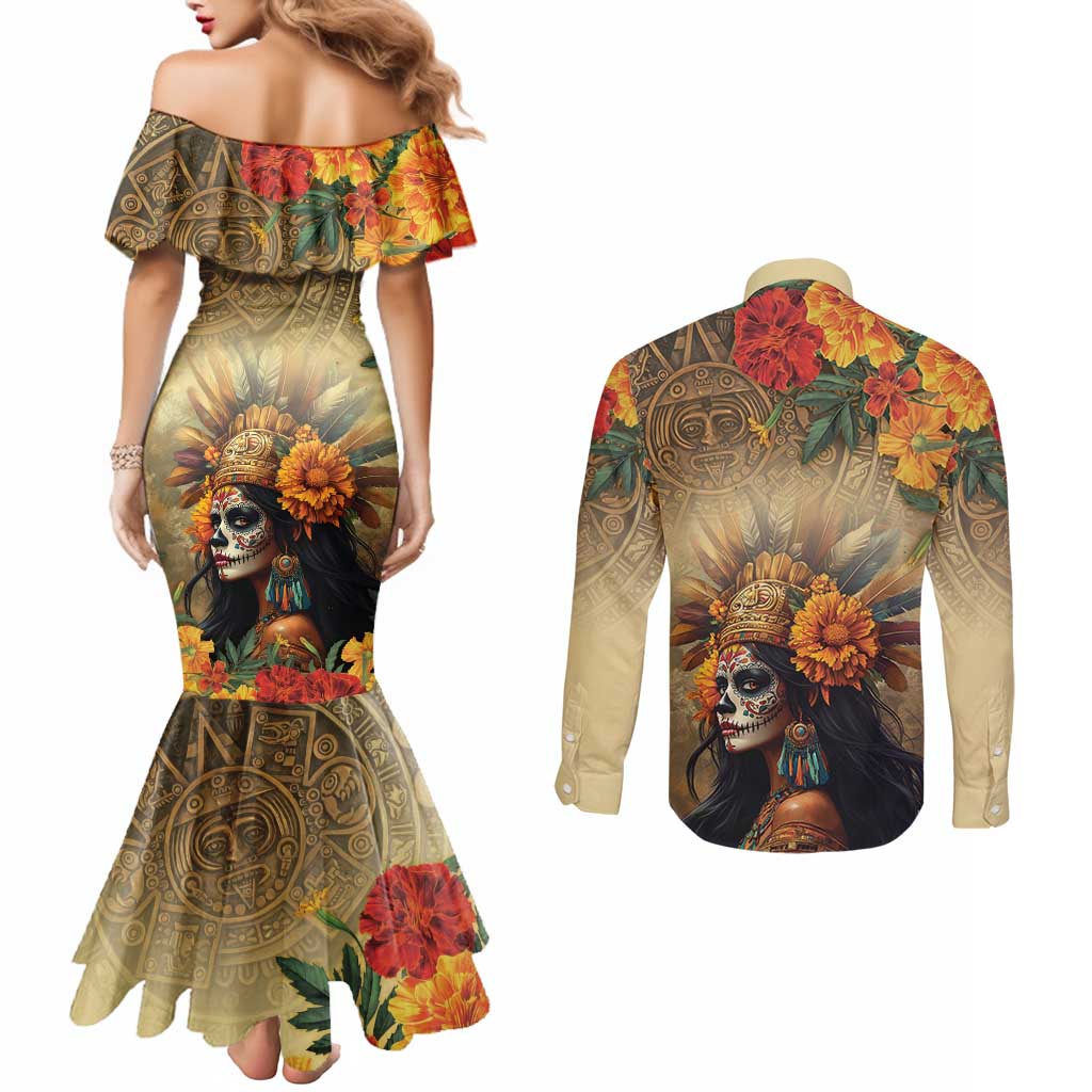 Dia de Los Muertos Mexico Couples Matching Mermaid Dress and Long Sleeve Button Shirt Aztec Goddess Mictecacihuatl