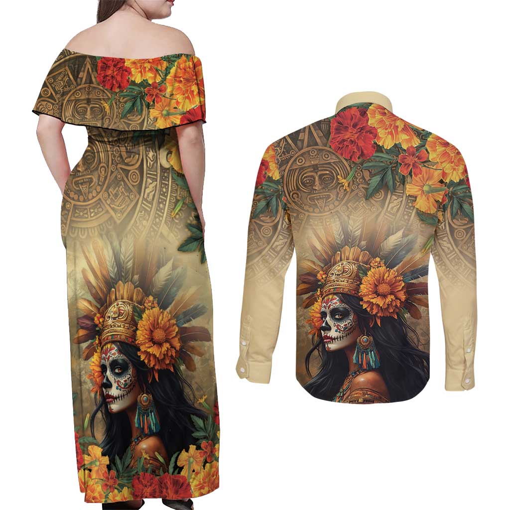 Dia de Los Muertos Mexico Couples Matching Off Shoulder Maxi Dress and Long Sleeve Button Shirt Aztec Goddess Mictecacihuatl LT7 - Wonder Print Shop