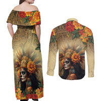 Dia de Los Muertos Mexico Couples Matching Off Shoulder Maxi Dress and Long Sleeve Button Shirt Aztec Goddess Mictecacihuatl LT7 - Wonder Print Shop
