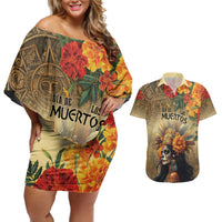 Dia de Los Muertos Mexico Couples Matching Off Shoulder Short Dress and Hawaiian Shirt Aztec Goddess Mictecacihuatl LT7 - Wonder Print Shop