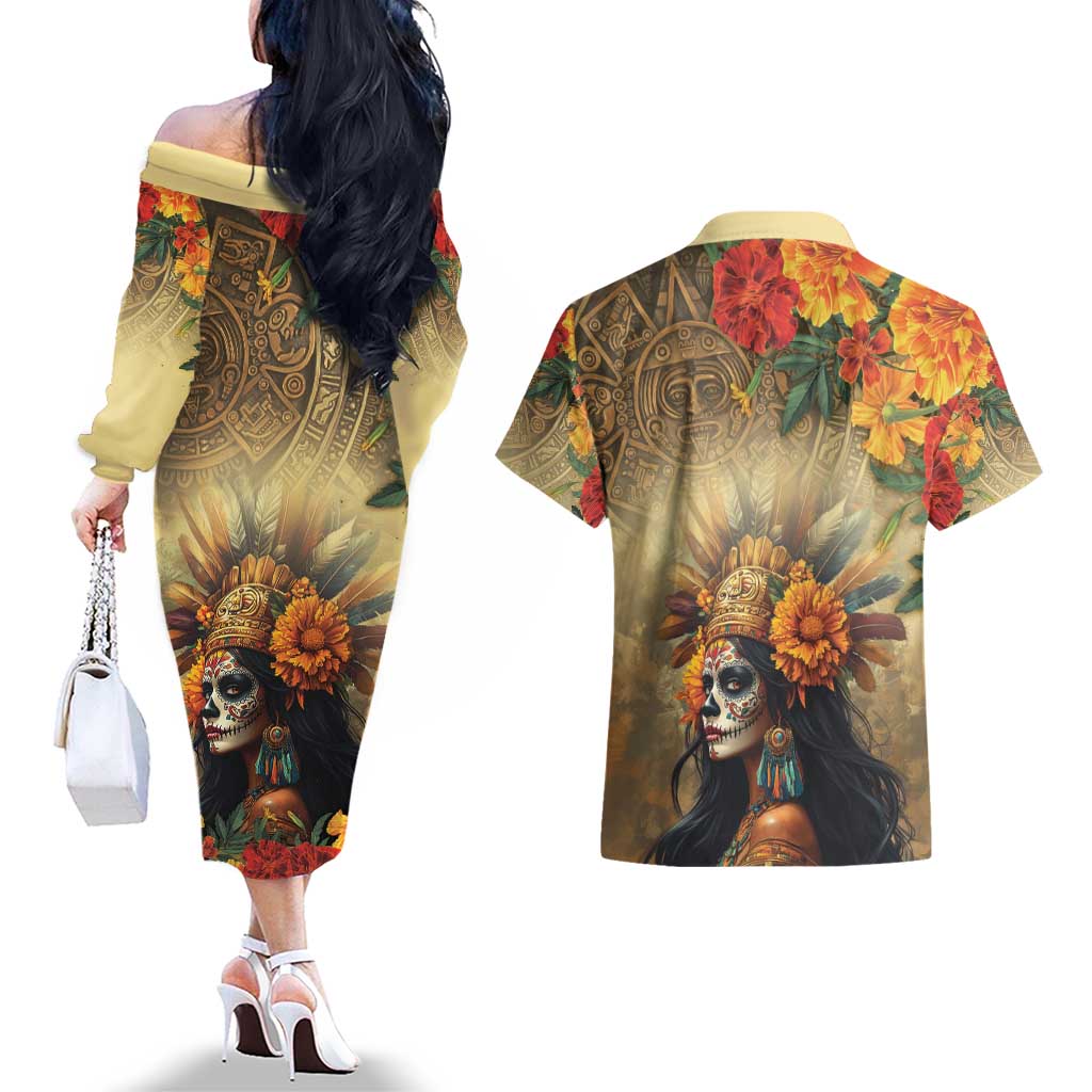 Dia de Los Muertos Mexico Couples Matching Off The Shoulder Long Sleeve Dress and Hawaiian Shirt Aztec Goddess Mictecacihuatl LT7 - Wonder Print Shop