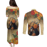 Dia de Los Muertos Mexico Couples Matching Puletasi and Long Sleeve Button Shirt Aztec Goddess Mictecacihuatl LT7 - Wonder Print Shop