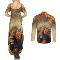 Dia de Los Muertos Mexico Couples Matching Summer Maxi Dress and Long Sleeve Button Shirt Aztec Goddess Mictecacihuatl LT7 - Wonder Print Shop