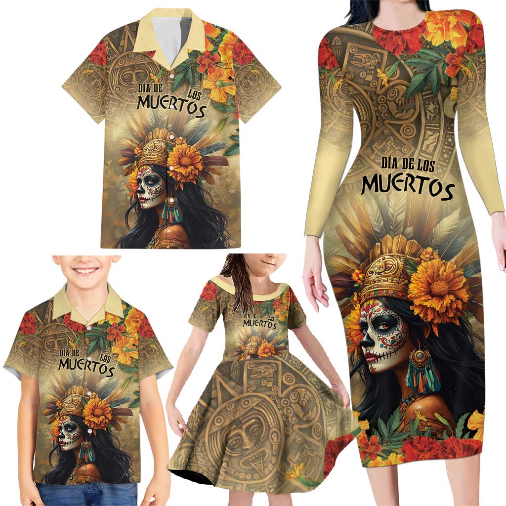Dia de Los Muertos Mexico Family Matching Long Sleeve Bodycon Dress and Hawaiian Shirt Aztec Goddess Mictecacihuatl LT7 - Wonder Print Shop