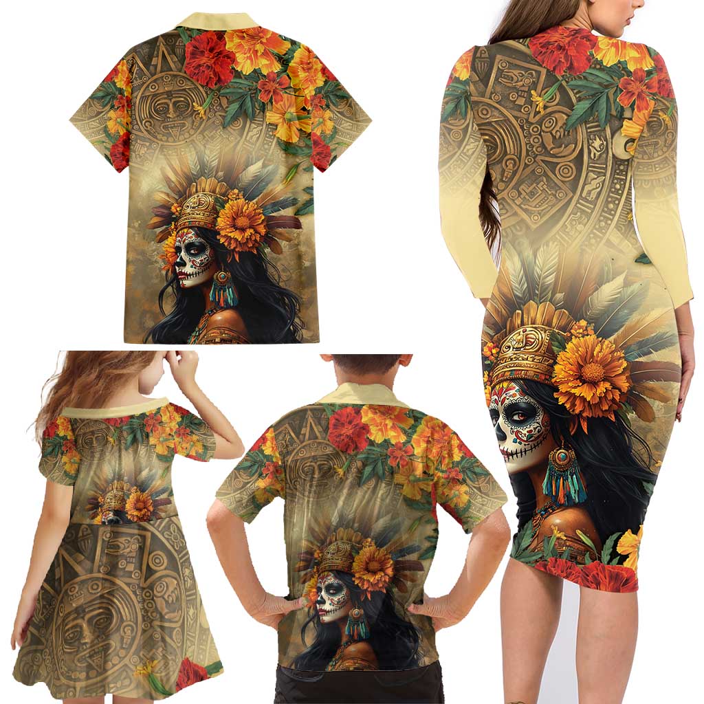 Dia de Los Muertos Mexico Family Matching Long Sleeve Bodycon Dress and Hawaiian Shirt Aztec Goddess Mictecacihuatl LT7 - Wonder Print Shop