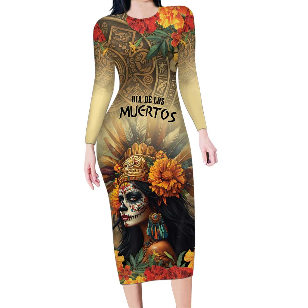 Dia de Los Muertos Mexico Family Matching Long Sleeve Bodycon Dress and Hawaiian Shirt Aztec Goddess Mictecacihuatl LT7 - Wonder Print Shop