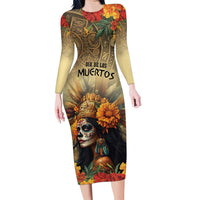 Dia de Los Muertos Mexico Family Matching Long Sleeve Bodycon Dress and Hawaiian Shirt Aztec Goddess Mictecacihuatl LT7 - Wonder Print Shop