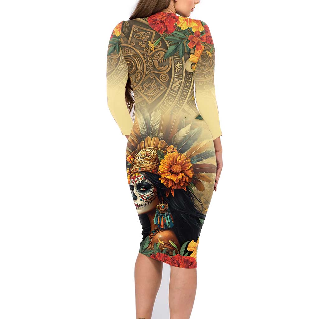 Dia de Los Muertos Mexico Family Matching Long Sleeve Bodycon Dress and Hawaiian Shirt Aztec Goddess Mictecacihuatl LT7 - Wonder Print Shop