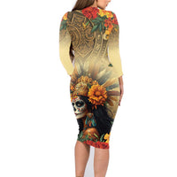 Dia de Los Muertos Mexico Family Matching Long Sleeve Bodycon Dress and Hawaiian Shirt Aztec Goddess Mictecacihuatl LT7 - Wonder Print Shop