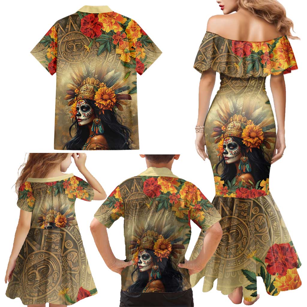 Dia de Los Muertos Mexico Family Matching Mermaid Dress and Hawaiian Shirt Aztec Goddess Mictecacihuatl LT7 - Wonder Print Shop