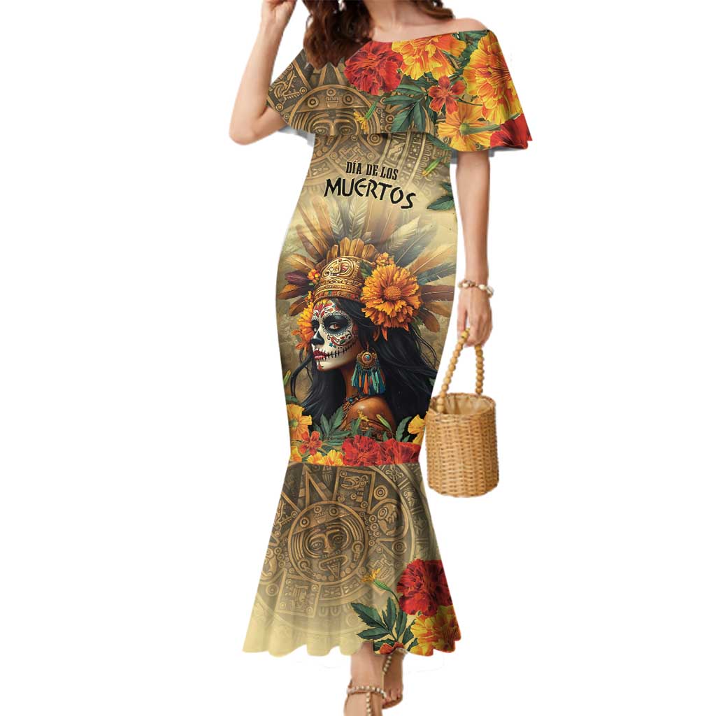 Dia de Los Muertos Mexico Family Matching Mermaid Dress and Hawaiian Shirt Aztec Goddess Mictecacihuatl LT7 - Wonder Print Shop