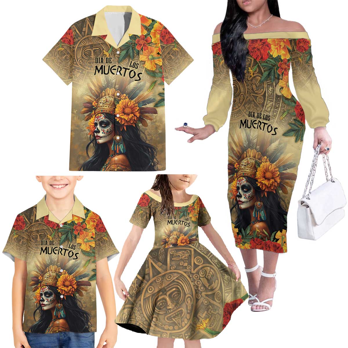 Dia de Los Muertos Mexico Family Matching Off The Shoulder Long Sleeve Dress and Hawaiian Shirt Aztec Goddess Mictecacihuatl - Wonder Print Shop