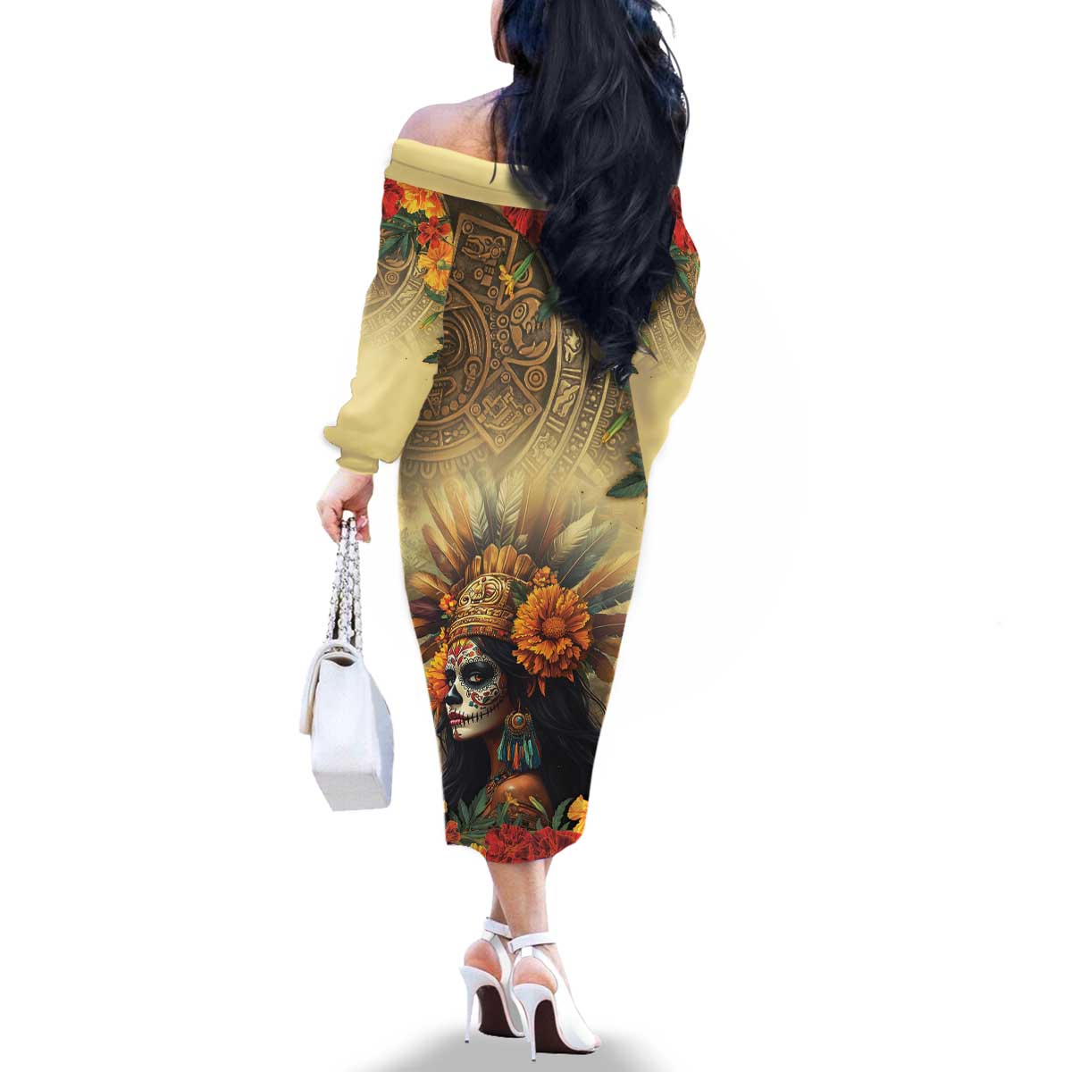 Dia de Los Muertos Mexico Family Matching Off The Shoulder Long Sleeve Dress and Hawaiian Shirt Aztec Goddess Mictecacihuatl - Wonder Print Shop