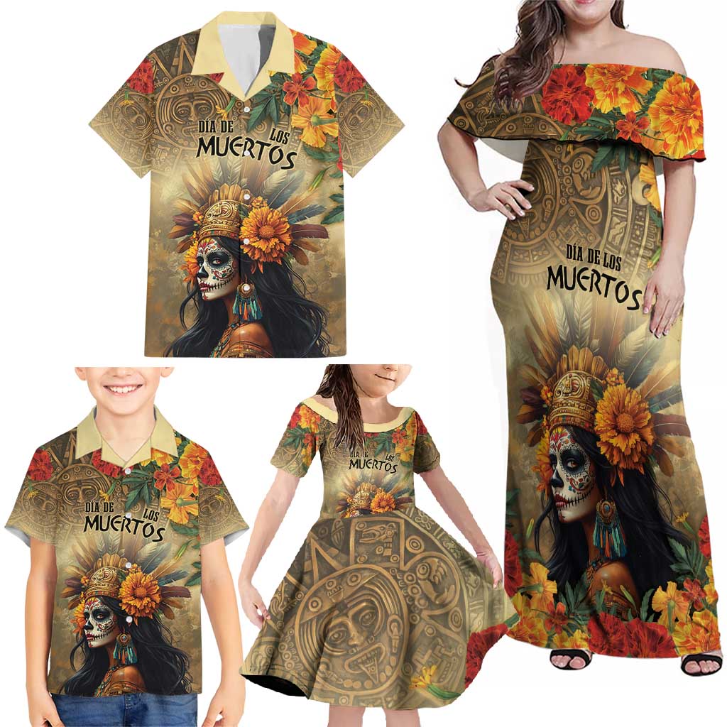 Dia de Los Muertos Mexico Family Matching Off Shoulder Maxi Dress and Hawaiian Shirt Aztec Goddess Mictecacihuatl LT7 - Wonder Print Shop