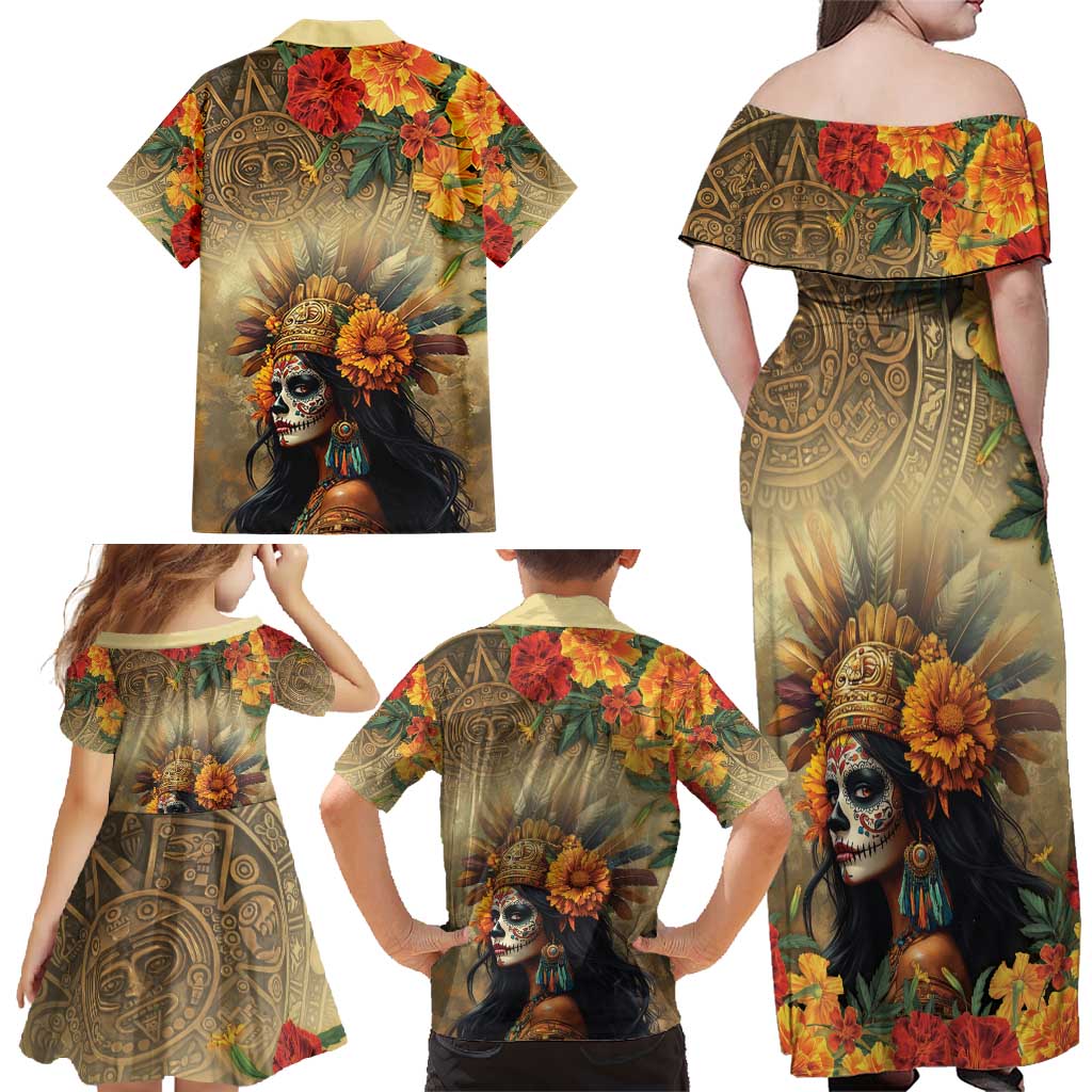 Dia de Los Muertos Mexico Family Matching Off Shoulder Maxi Dress and Hawaiian Shirt Aztec Goddess Mictecacihuatl LT7 - Wonder Print Shop