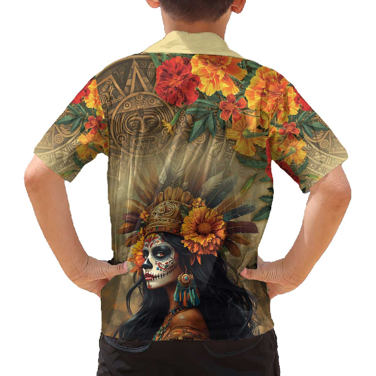 Dia de Los Muertos Mexico Family Matching Off Shoulder Short Dress and Hawaiian Shirt Aztec Goddess Mictecacihuatl LT7 - Wonder Print Shop