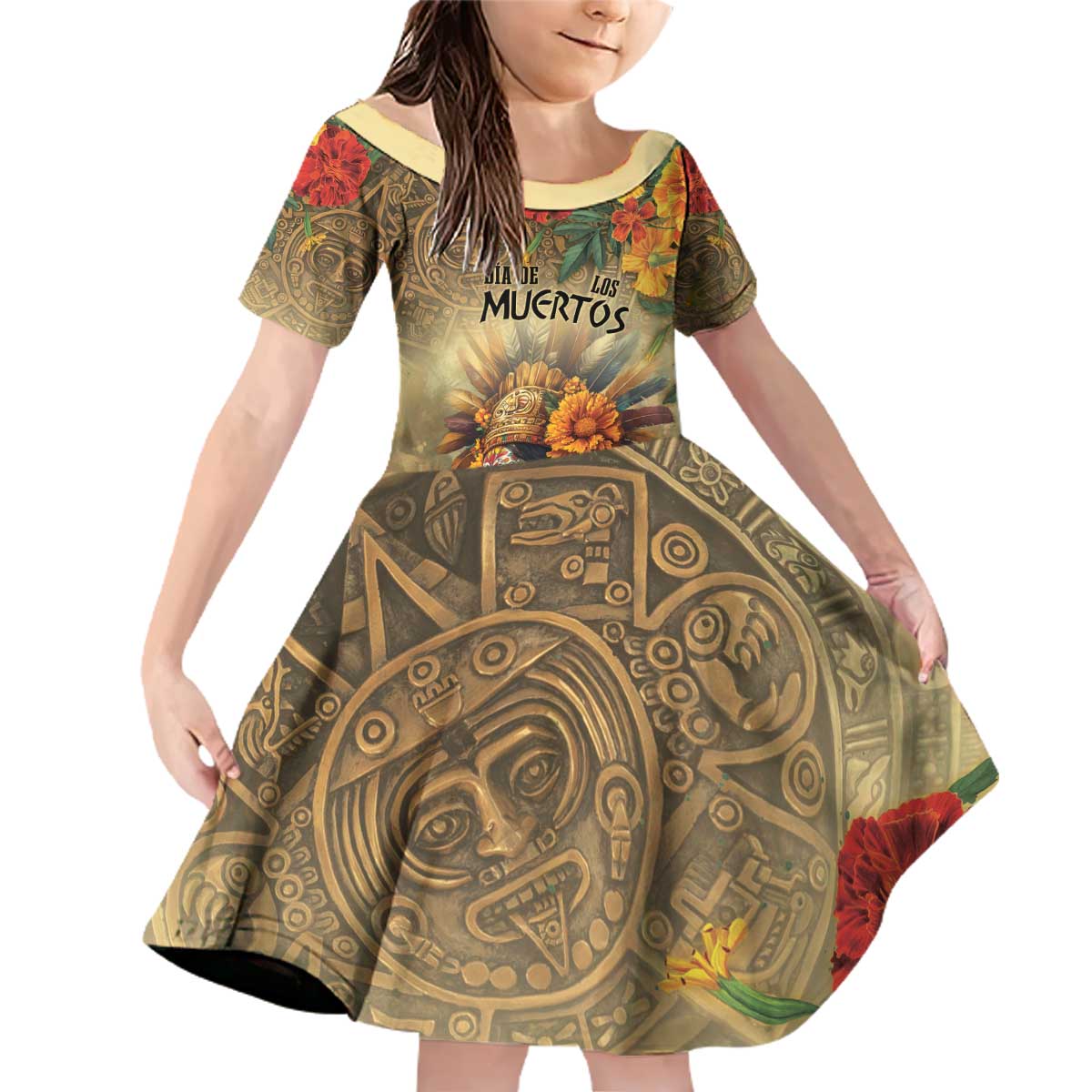 Dia de Los Muertos Mexico Family Matching Off Shoulder Short Dress and Hawaiian Shirt Aztec Goddess Mictecacihuatl LT7 - Wonder Print Shop