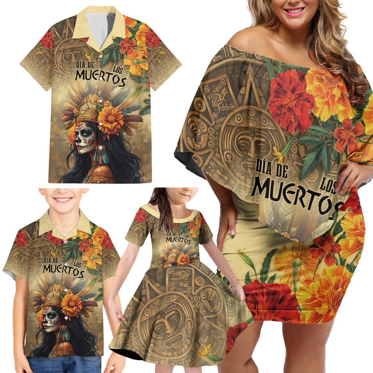 Dia de Los Muertos Mexico Family Matching Off Shoulder Short Dress and Hawaiian Shirt Aztec Goddess Mictecacihuatl LT7 - Wonder Print Shop