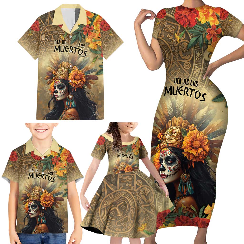 Dia de Los Muertos Mexico Family Matching Short Sleeve Bodycon Dress and Hawaiian Shirt Aztec Goddess Mictecacihuatl - Wonder Print Shop
