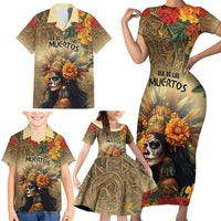 Dia de Los Muertos Mexico Family Matching Short Sleeve Bodycon Dress and Hawaiian Shirt Aztec Goddess Mictecacihuatl - Wonder Print Shop