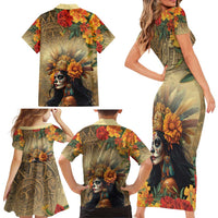 Dia de Los Muertos Mexico Family Matching Short Sleeve Bodycon Dress and Hawaiian Shirt Aztec Goddess Mictecacihuatl - Wonder Print Shop
