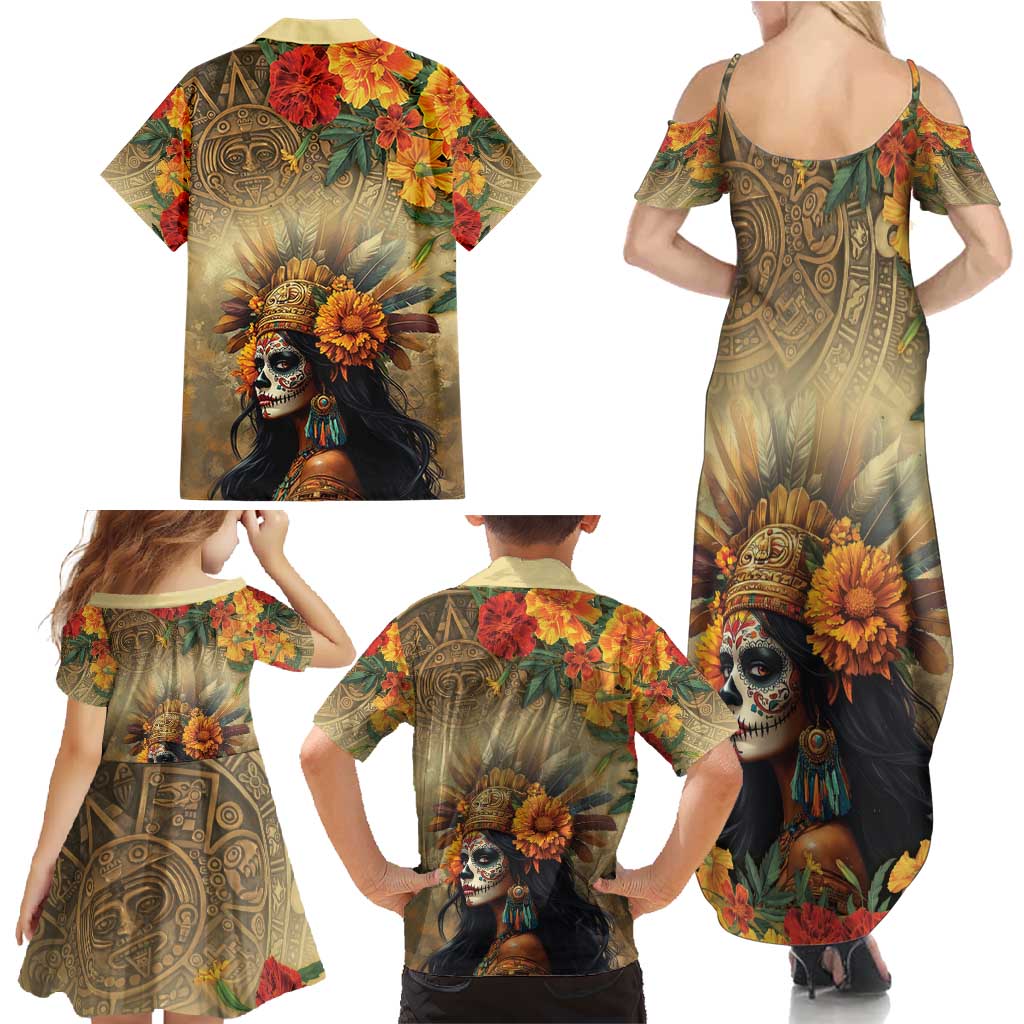 Dia de Los Muertos Mexico Family Matching Summer Maxi Dress and Hawaiian Shirt Aztec Goddess Mictecacihuatl - Wonder Print Shop