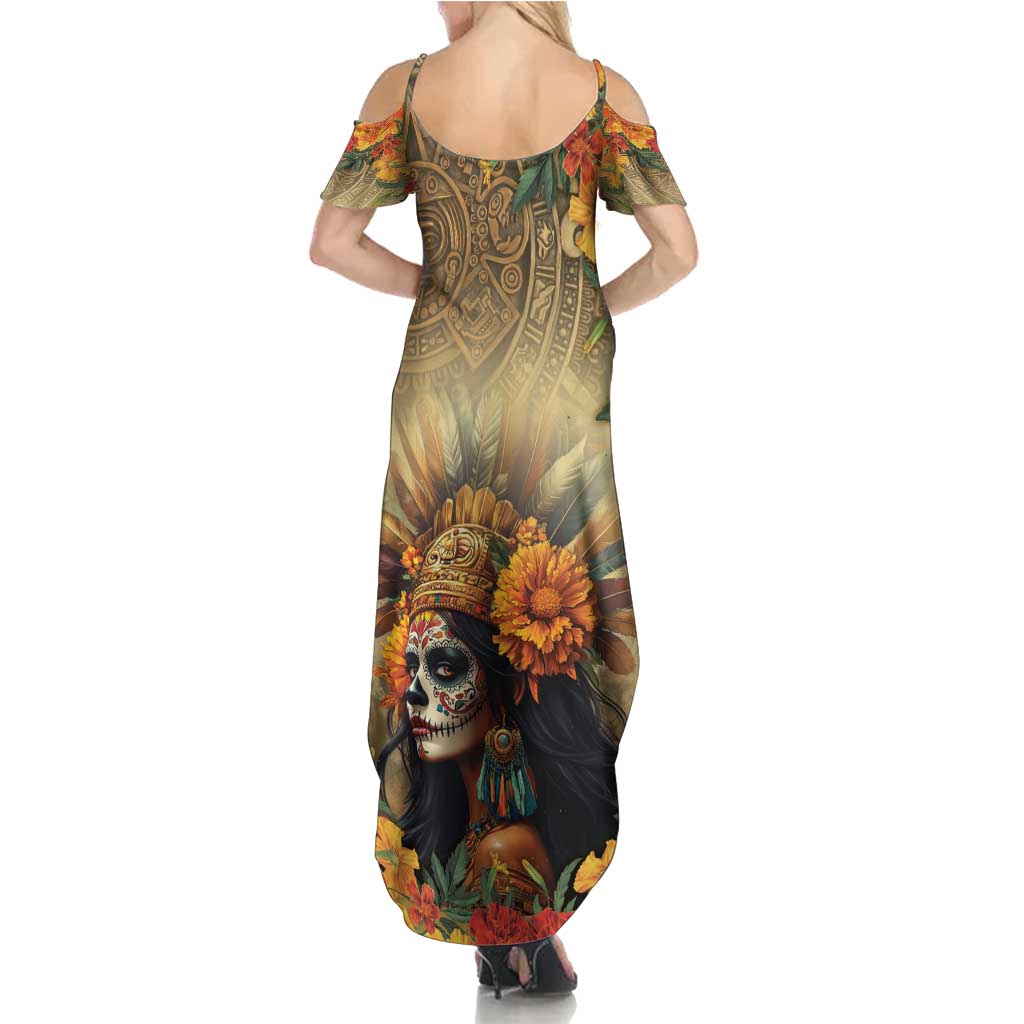 Dia de Los Muertos Mexico Family Matching Summer Maxi Dress and Hawaiian Shirt Aztec Goddess Mictecacihuatl - Wonder Print Shop