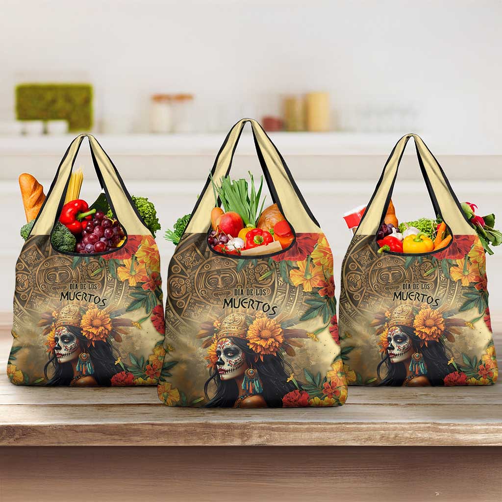 Dia de Los Muertos Mexico Grocery Bag Aztec Goddess Mictecacihuatl