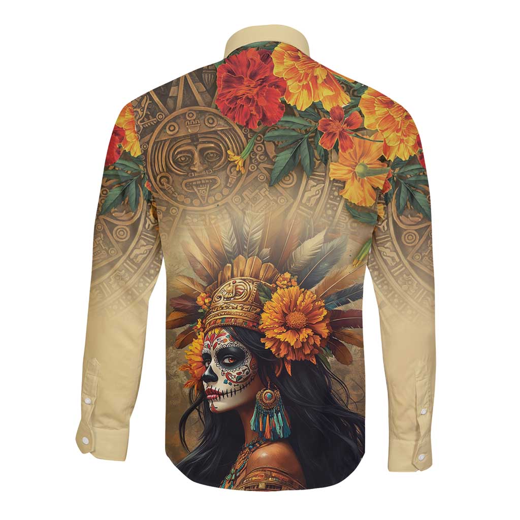Dia de Los Muertos Mexico Long Sleeve Button Shirt Aztec Goddess Mictecacihuatl - Wonder Print Shop