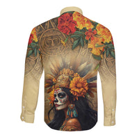 Dia de Los Muertos Mexico Long Sleeve Button Shirt Aztec Goddess Mictecacihuatl - Wonder Print Shop