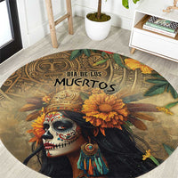 Dia de Los Muertos Mexico Round Carpet Aztec Goddess Mictecacihuatl