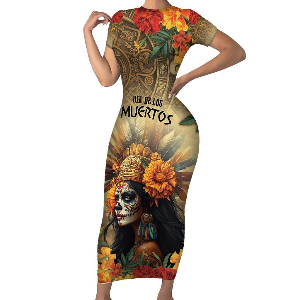 Dia de Los Muertos Mexico Short Sleeve Bodycon Dress Aztec Goddess Mictecacihuatl - Wonder Print Shop
