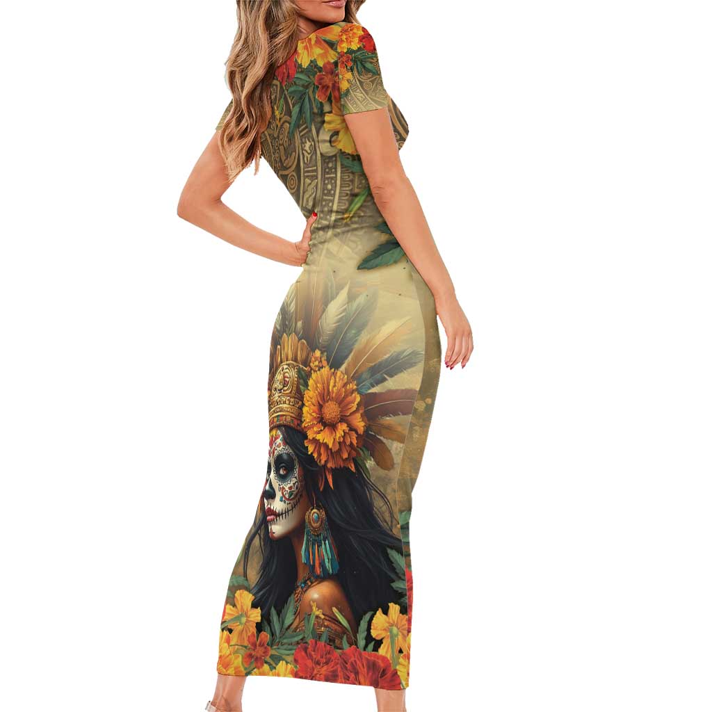 Dia de Los Muertos Mexico Short Sleeve Bodycon Dress Aztec Goddess Mictecacihuatl - Wonder Print Shop
