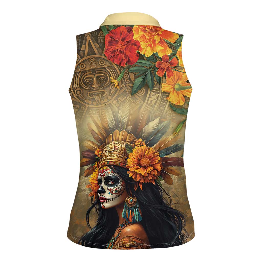 Dia de Los Muertos Mexico Women Sleeveless Polo Shirt Aztec Goddess Mictecacihuatl - Wonder Print Shop