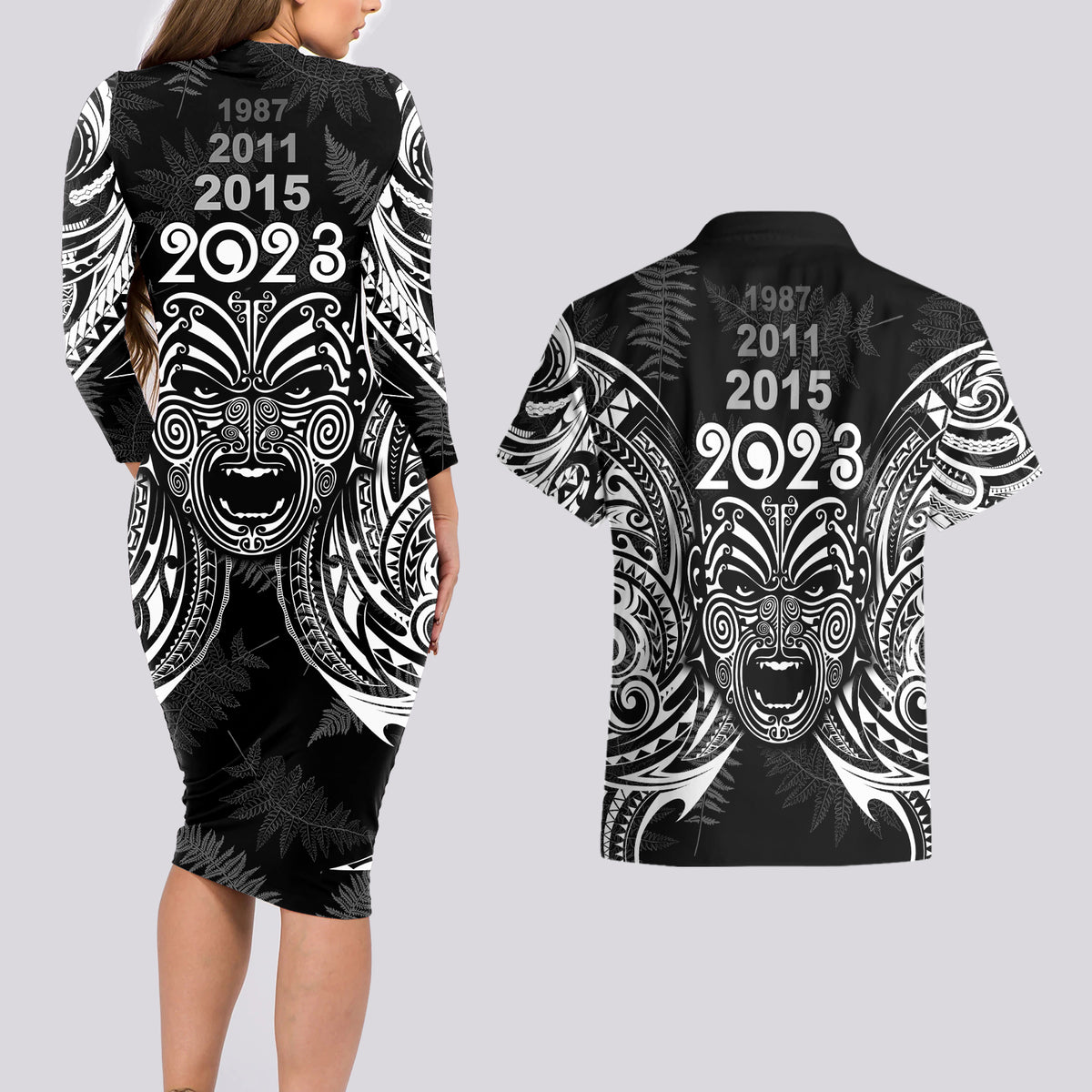 Custom New Zealand Rugby Couples Matching Long Sleeve Bodycon Dress and Hawaiian Shirt 2023 World Cup Aotearoa Haka Face LT7 - Wonder Print Shop