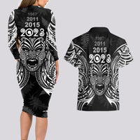 Custom New Zealand Rugby Couples Matching Long Sleeve Bodycon Dress and Hawaiian Shirt 2023 World Cup Aotearoa Haka Face LT7 - Wonder Print Shop