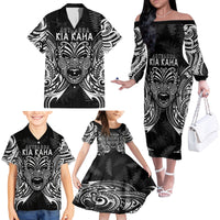 Custom New Zealand Rugby Family Matching Off Shoulder Long Sleeve Dress and Hawaiian Shirt 2023 World Cup Aotearoa Haka Face - Wonder Print Shop