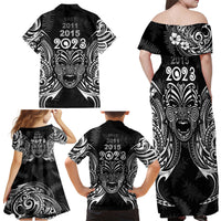 Custom New Zealand Rugby Family Matching Off Shoulder Maxi Dress and Hawaiian Shirt 2023 World Cup Aotearoa Haka Face LT7 - Wonder Print Shop