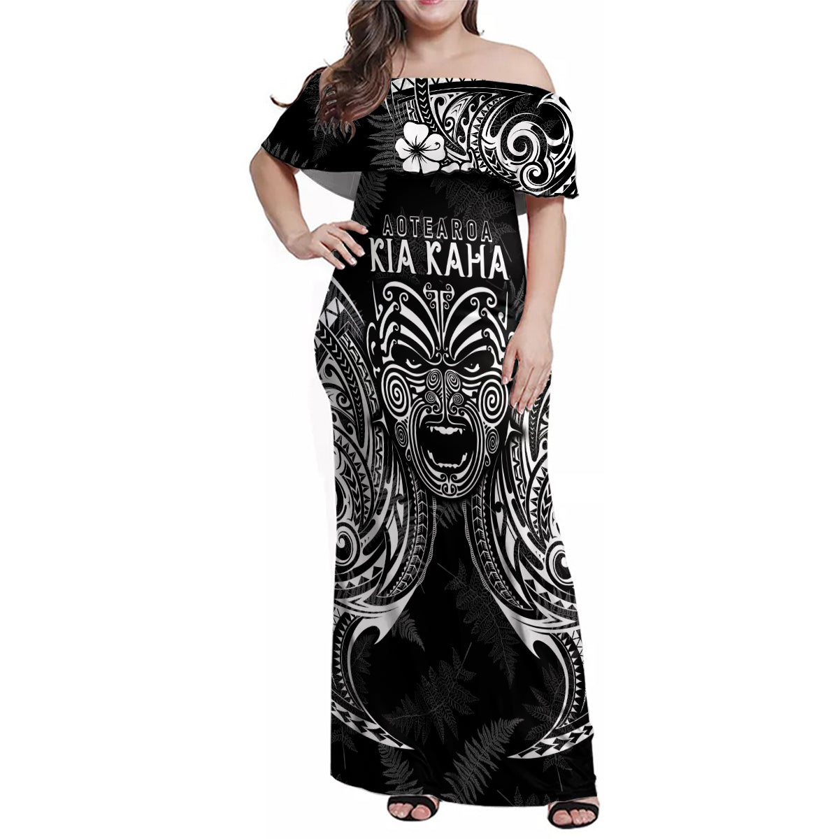 Custom New Zealand Rugby Family Matching Off Shoulder Maxi Dress and Hawaiian Shirt 2023 World Cup Aotearoa Haka Face LT7 - Wonder Print Shop