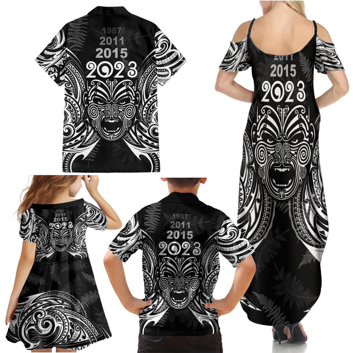 Custom New Zealand Rugby Family Matching Summer Maxi Dress and Hawaiian Shirt 2023 World Cup Aotearoa Haka Face - Wonder Print Shop