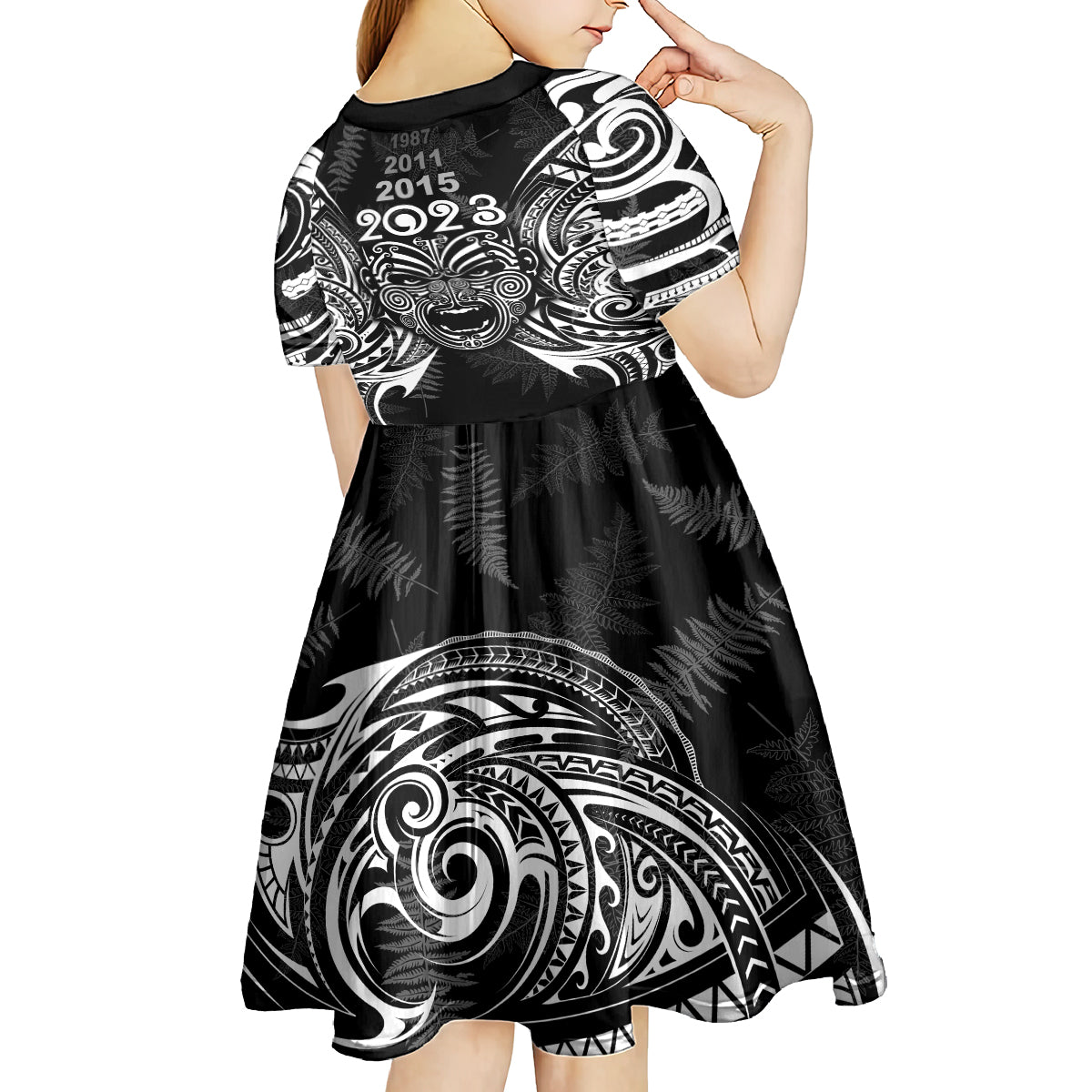Custom New Zealand Rugby Kid Short Sleeve Dress 2023 World Cup Aotearoa Haka Face - Wonder Print Shop