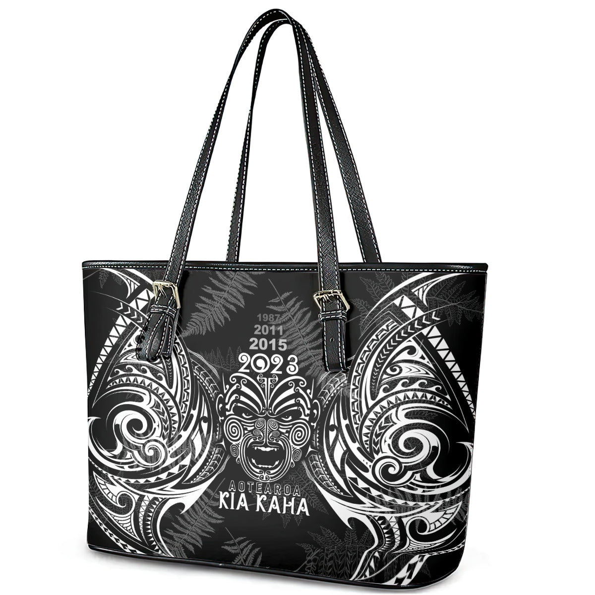 Custom New Zealand Rugby Leather Tote Bag 2023 World Cup Aotearoa Haka Face - Wonder Print Shop