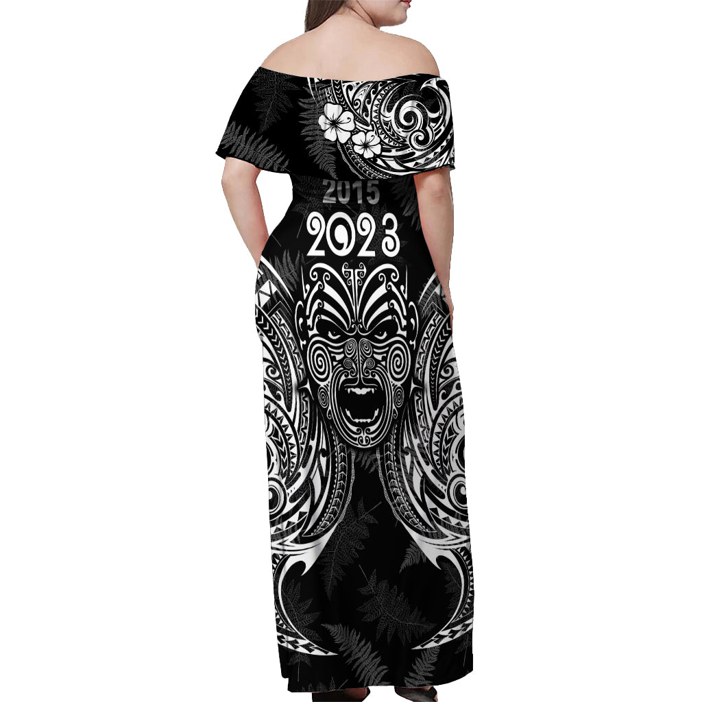 Custom New Zealand Rugby Off Shoulder Maxi Dress 2023 World Cup Aotearoa Haka Face - Wonder Print Shop