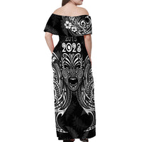 Custom New Zealand Rugby Off Shoulder Maxi Dress 2023 World Cup Aotearoa Haka Face - Wonder Print Shop