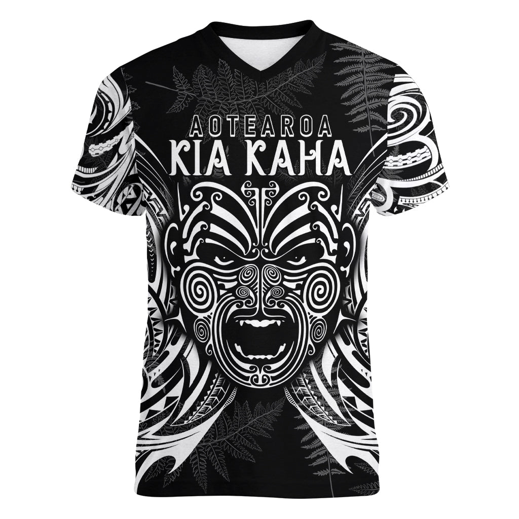 Custom New Zealand Rugby Women V Neck T Shirt 2023 World Cup Aotearoa Haka Face - Wonder Print Shop