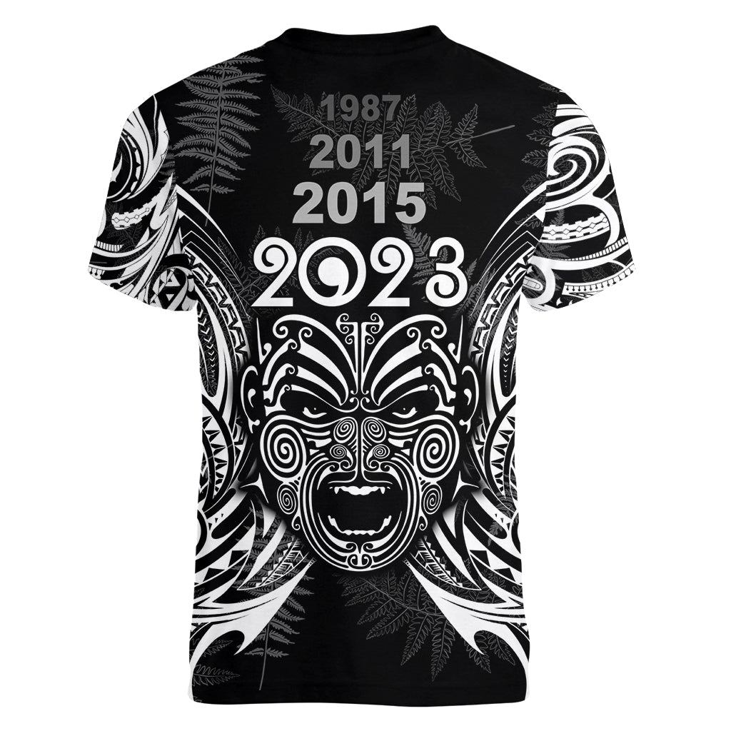 Custom New Zealand Rugby Women V Neck T Shirt 2023 World Cup Aotearoa Haka Face - Wonder Print Shop