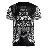 Custom New Zealand Rugby Women V Neck T Shirt 2023 World Cup Aotearoa Haka Face - Wonder Print Shop